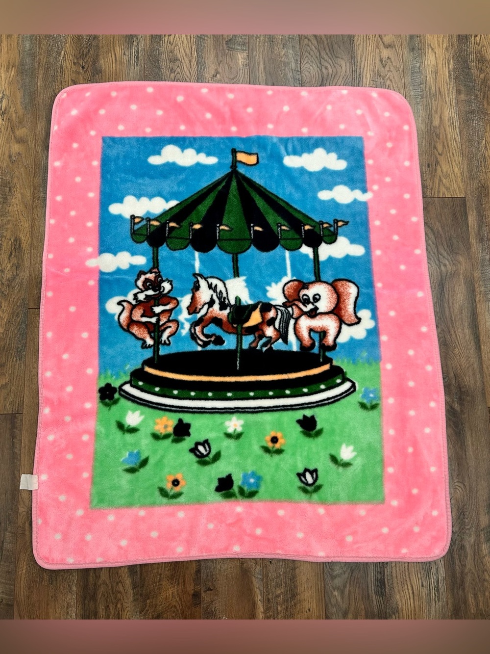 Vintage Minky Blanket Baby Child Carousel Animals Korean 1990’s Pink Rare Furuta